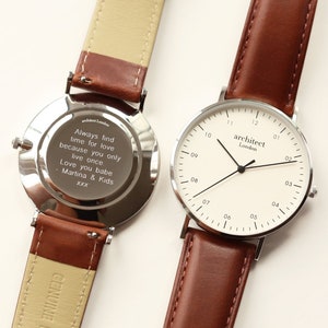 Engraved Men's Watch | Brown Leather Strap | Personalised Font or Handwriting Engraving | Wedding Gift | Anniversary Present | Groom