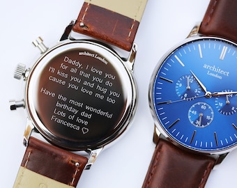 Engraved Men's Motivator Watch | Brown Leather Strap | Personalised Font or Handwriting Engraving | Wedding Gift | Anniversary | Groom