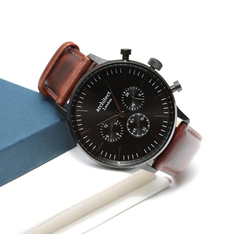 Men's Personalised Watch, Handwriting Or Font Engraved, Brown Strap, Wedding, Keepsake Gift, Christmas, Birthday, Anniversary, Motivator