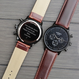 Engraved Mens Motivator Watch | Walnut Brown Leather Strap | Personalised Font or Handwriting Engraving | Wedding Gift | Anniversary | Groom