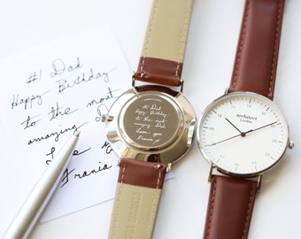 Personalised Men's Watch, Custom Engraved Using Handwriting Or Font, Brown Leather Strap, Wedding Or Anniversary Gift For Him