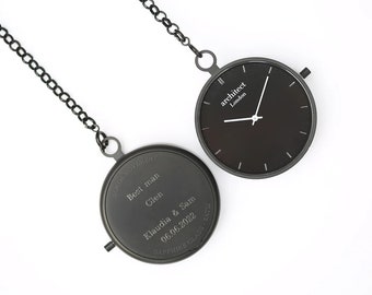 Engraved Modern Pocket Watch | Matte Black | Personalised Font Or Handwriting Engraving | Anniversary Gift | Groom Present | Wedding