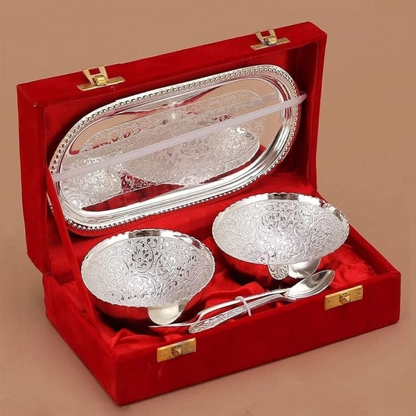 German Silver Bowl Set, Multi - purpose Bowl Set, Mouth - Freshner, Best Gift, Capsol, 2 Bowl, 2 Spoons, 1 Tray, 1 Red Box