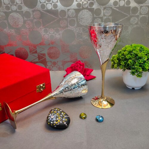 Wine Glass, Brass Wine Glass Set with store Velvet Box