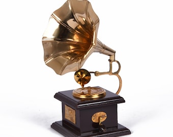 Vintage Gramophone, Wooden & Half Brass Gramophone Showpiece