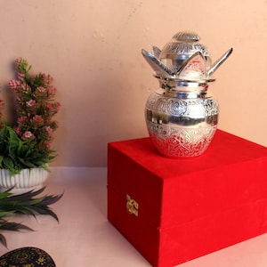 Pure German Silver Kalash, Decorative Puja Kalash, Lota Narial Patta Mangal Kalash, Two Tone Omm Kalash Beautiful Work & Showpiece