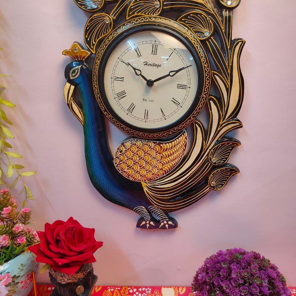 Peacock Wall Clock / Wooden Wall Clock / Vintage Hand Made Indian Jaipur Art Peacock Wall Clock