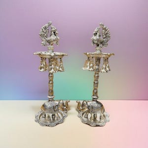 Set Of 2 Exclusive Hand Engraved German Silver peacock Samai / Diya With Elephant Base And Plate To Light Up Diyas Oil Wick Diya
