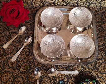 Brass Silver Plated Bowl Set, 4 Pieces Bowl 4 Spoons And 1 Tray With Red Velvet Box, Gifting Bowl, Centre Piece, Dry Fruit Bowl, Snack Set