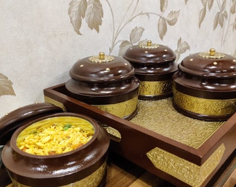 Dry Fruit Tray With 4 Bowl , Wooden Platter / Indian Handcraft Wooden Platter With Brass Sheet / Royal Tray / Snack Tray