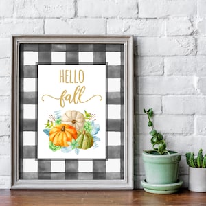 Hello Fall Buffalo Plaid, Farmhouse Pumpkin Print, Buffalo Check Fall Art, Rustic Fall Home Decor, Plaid Pumpkins Art DIGITAL DOWNLOAD