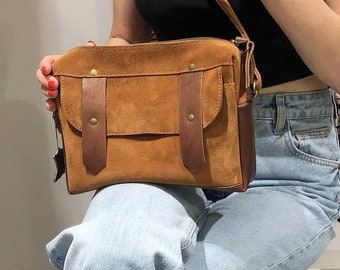 Suede Bag , Suede , Brown crossbody bag , Little bag , Natural leather , Little bag