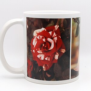May include: White ceramic mug with a red and white striped rose printed on it. The rose is surrounded by green leaves. The mug has a white handle.
