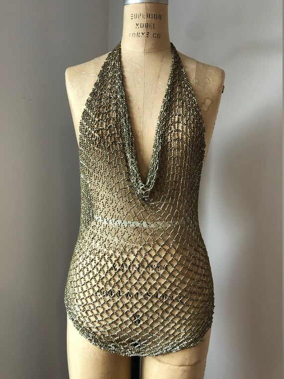 70's Beaded Macrame Disco Halter Top Backless Croc