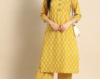 Yellow Beautifull Cotton kurti palazzo Suit, Boho kurtis, Indian Hand printed, Designers Kurta palazzo, Gifts for her., Mother's day gifts