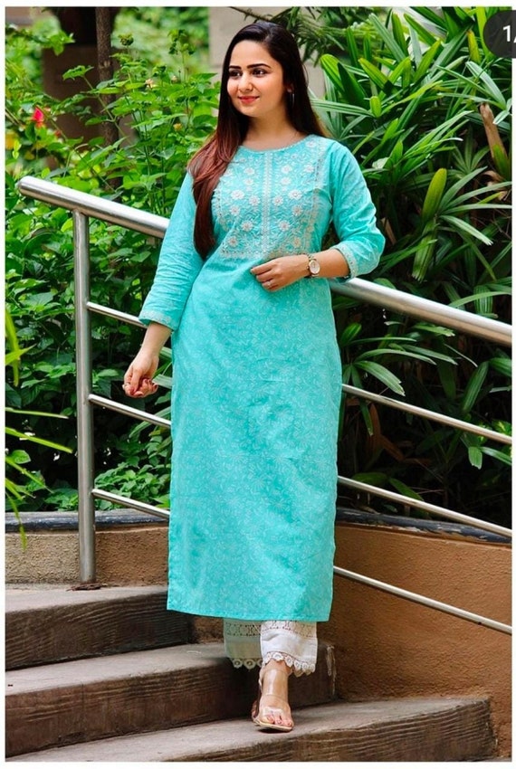 Light blue mirror work kurti sharara - Evilato Online Fashion