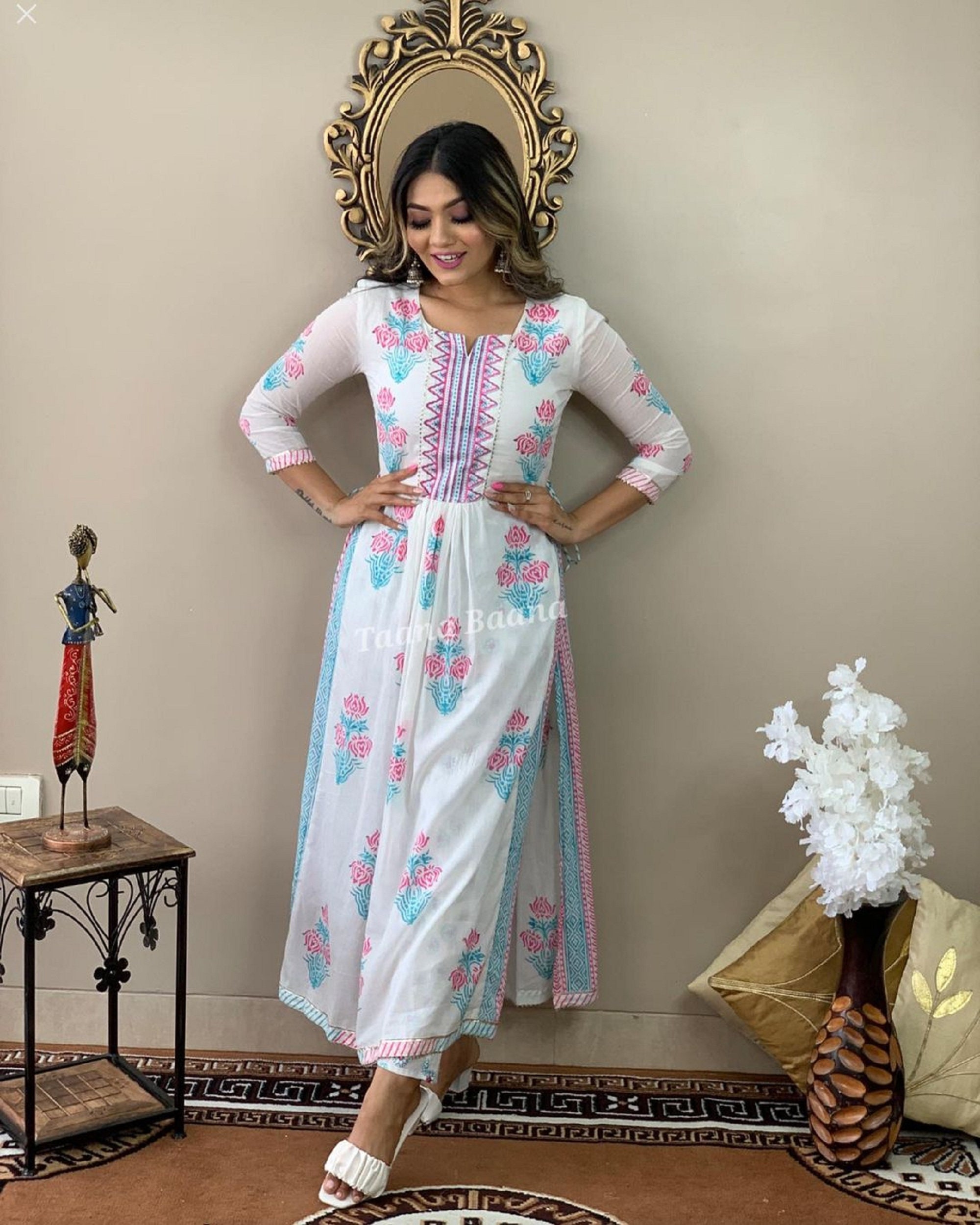 CLOTHING ART - ANARKALI - PURE 60*60 COTTON PRINTED CENTER CUT KURTI WITH  DESIGNER SLEEVES WITH PURE 60-60 COTTON PRINTED PANT - WHOLESALER AND DEALER