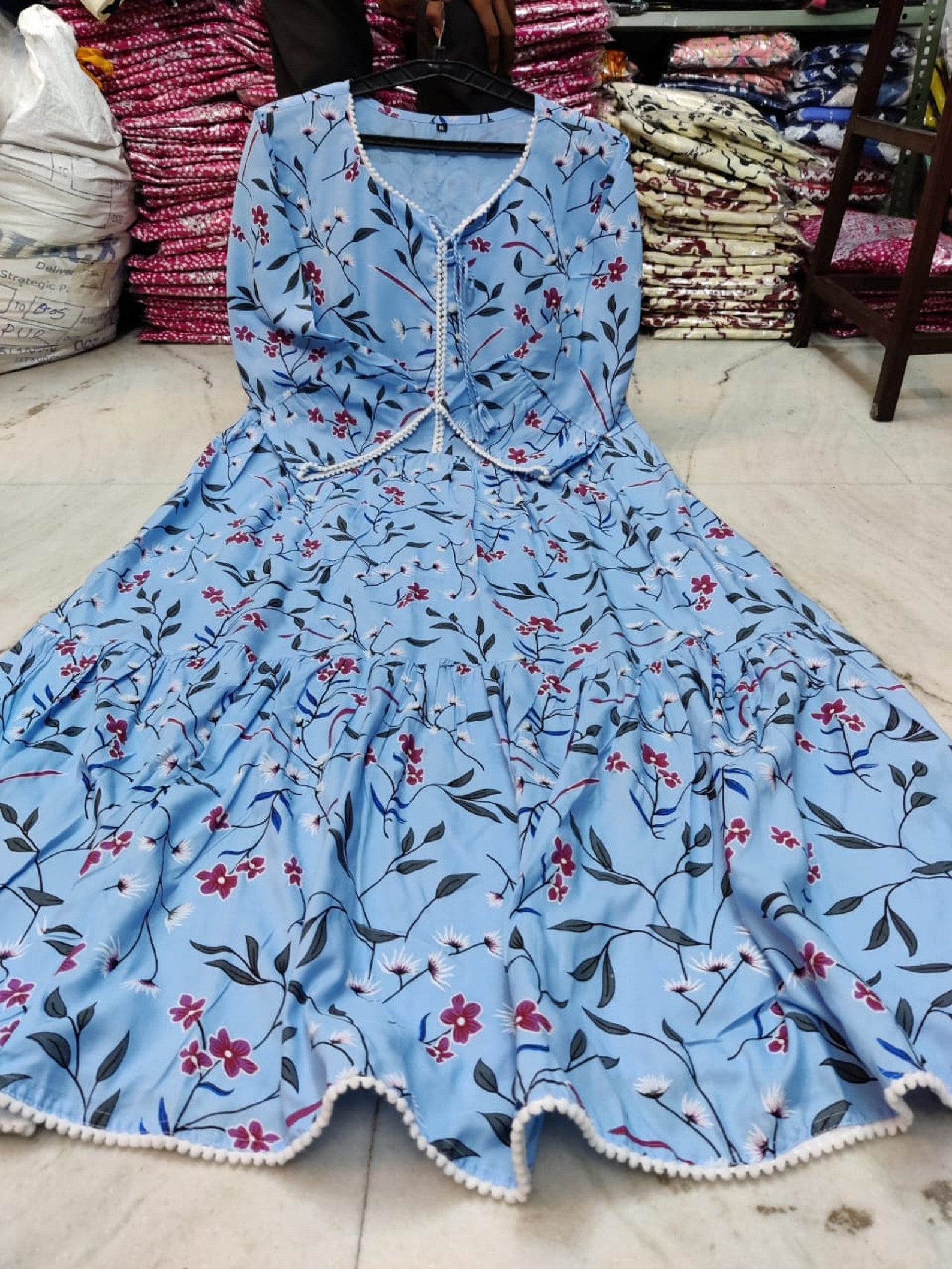 Indian Handamde Pumpum Work and Blue Printed Long Gown Kurti - Etsy