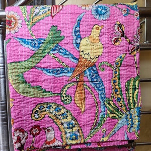 Pink Peacock Kantha Quilt: Handmade Cotton Boho Bedspread