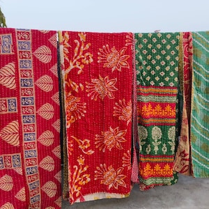 LOT of 5 Pcs Handmade Multiclour Cotton Vintage Katha Quilt Lot, Cotton Bedspread, Boho Hippi Cotton Fabric Gudari Blanket Throw Quilt