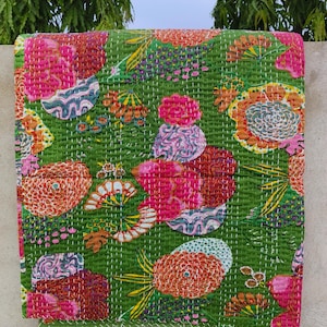 Bohemian Fruit Print Cotton Kantha Quilt: Queen Size Bedspread