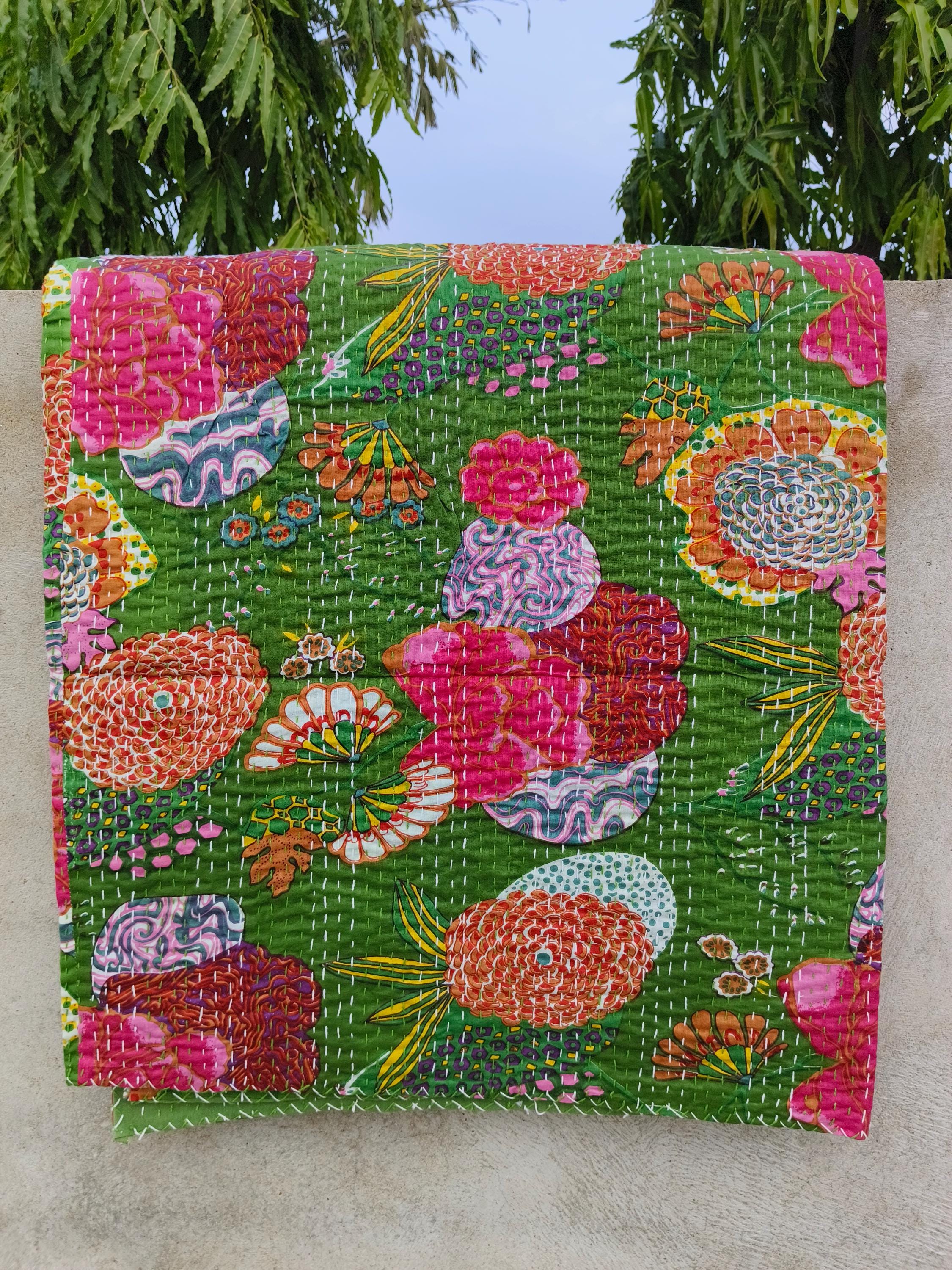 Bohemian Fruit Print Cotton Kantha Quilt Handmade Vintage Quilts Boho Queen Size Bedding Throw Blanket Bedspread Quilted Hippie,