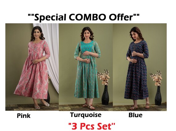 Buy COMBO Offer 3 Pcs Set. Pure Cotton Maternity Women Gown Kurtis,  Favorite Colors Pink/ Blue/ Turquoise and Both Zipper for Easy Baby Feeding,  Online in India - Etsy