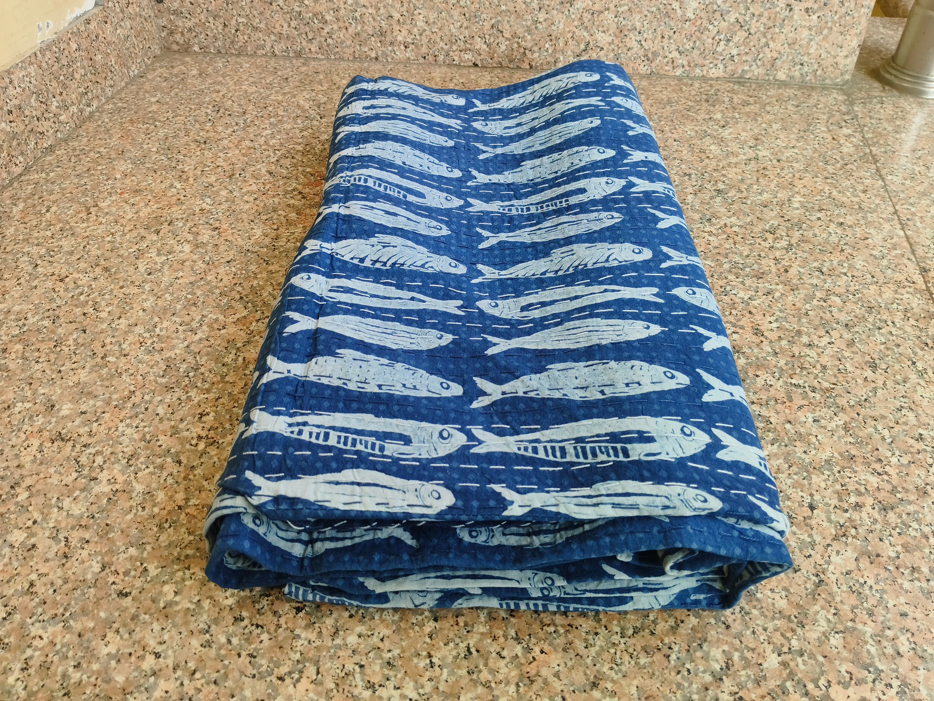 Fish Bedspread Handmade Indigo Fish Block Print Kantha Quilt - Bohemian Cotton ...