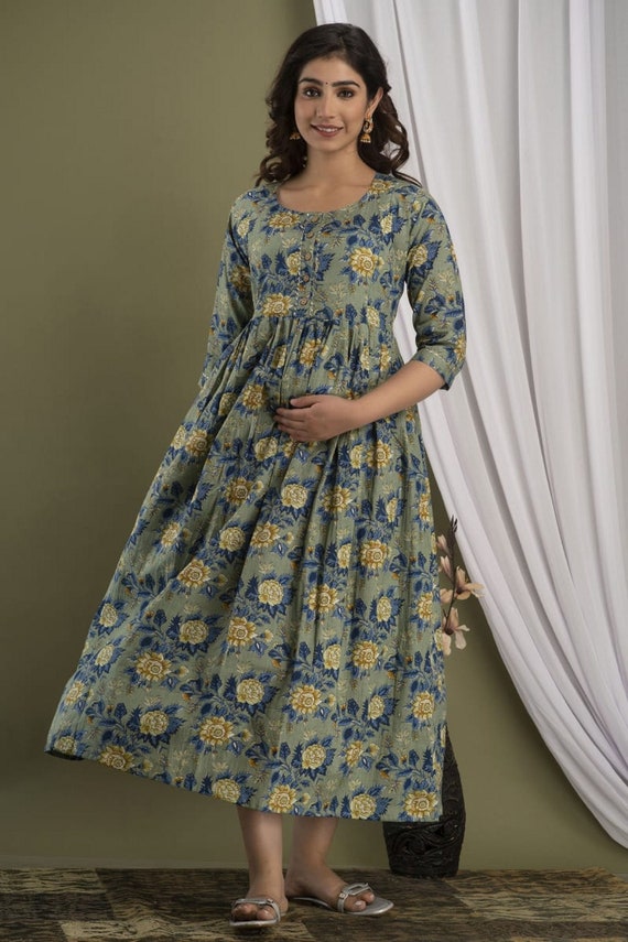 Leaf Printed Maternity Kurti – Blue