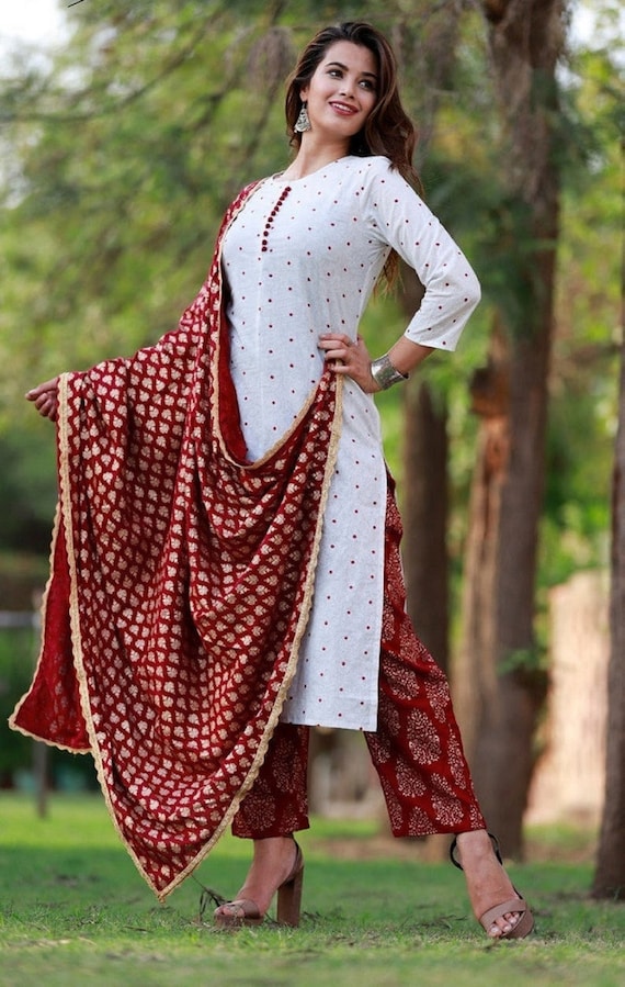 white kurti with plazo, dupatta CODE 8