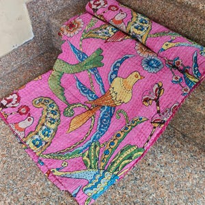 Pink Hand Block Print Cotton Kantha Quilt: Peacock Birds, Baby/Twin Size