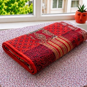 Red Patchwork Kantha Quilt: Handmade Cotton Silk Boho Bedspread