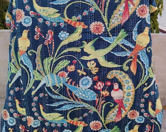 Blue colour Birds Cotton Kantha Quilt Indian Handmade Throw Blanket Bedspread Cotton Fabric BOHEMIAN boho quilt chic bedding coverlets,