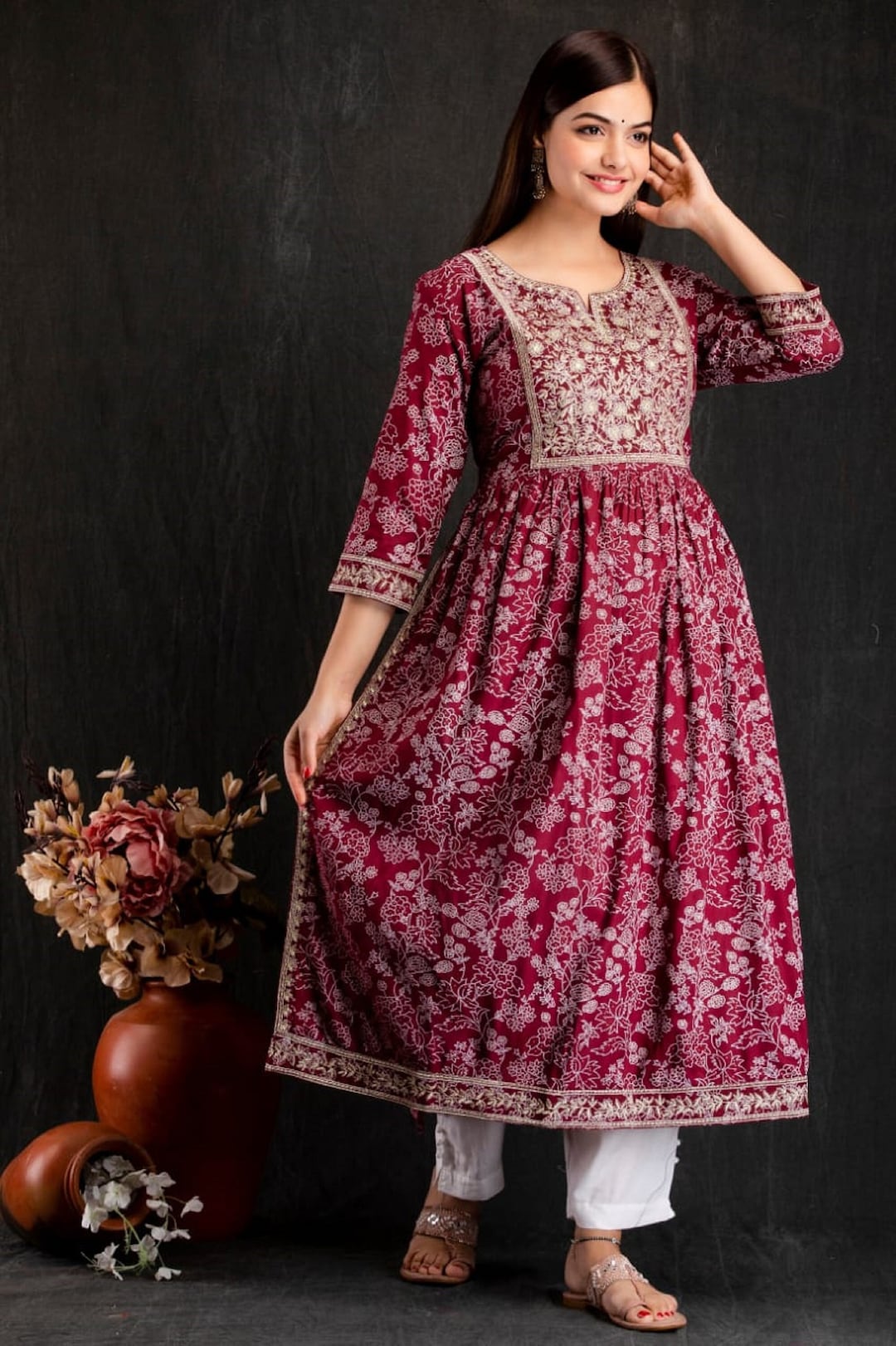 Indian Hand Printed Naira Cut Suit Set, Pakistani Designer Kurta With