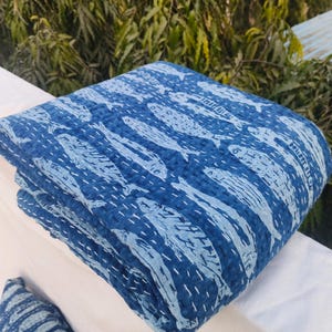 Colcha de algodão Kantha com estampa de peixe indiana, colcha vintage feita à mão, boho, queen size, cobertor, colcha, acolchoada, hippie,