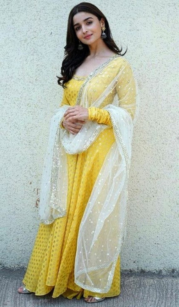 Straight Style Net Fabric Yellow color Kurti with Thread and Sequin work  and Bottom with Dupatta