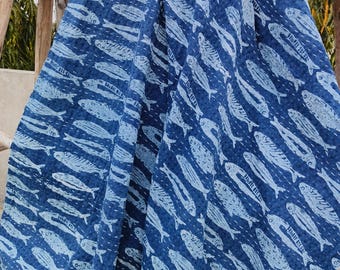 Handmade Indigo Blue fish Kantha Quilt Block Printed Bohemian Cotton Bedspread printed throw,
