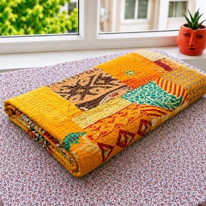 Yellow Patchwork Kantha Quilt: Handmade Cotton Silk Boho Bedspread