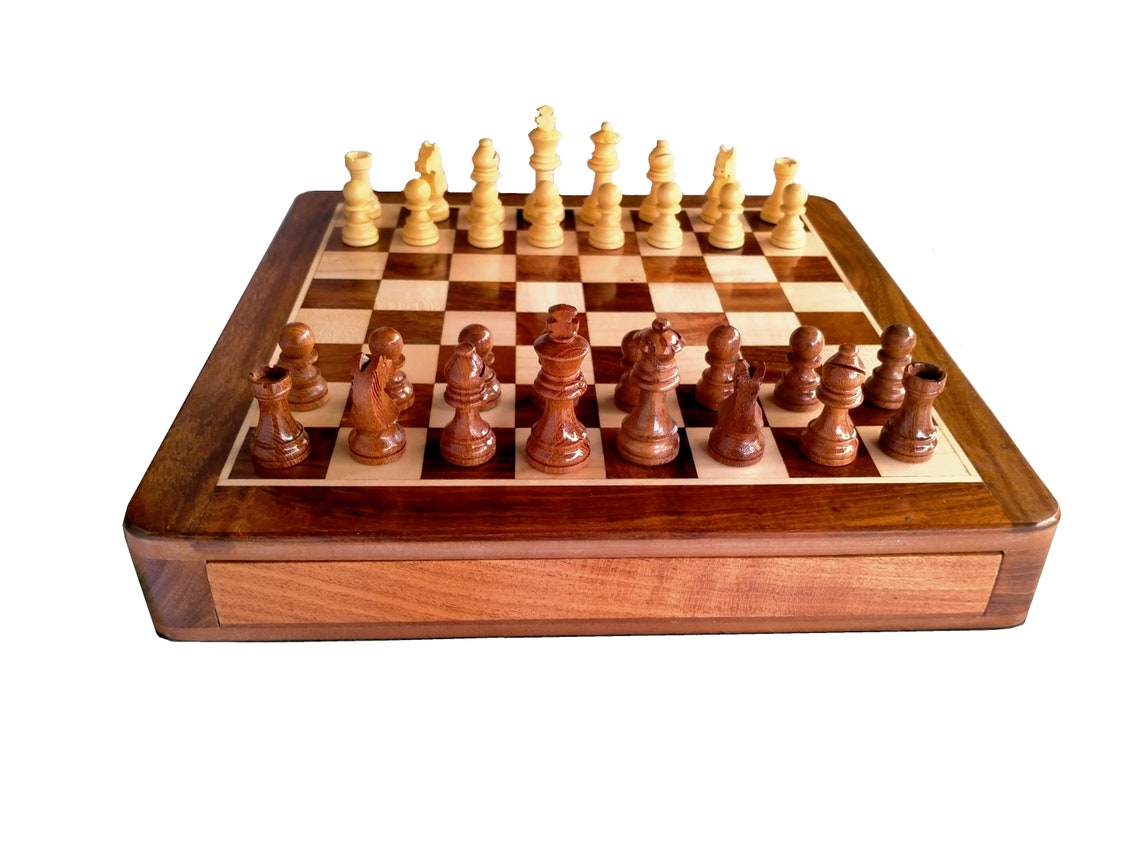 Wooden Chess Board Set with Inside Storage Drawer With Wooden Etsy