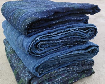 Handmade Indigo Dyed Kantha Quilt: Bohemian Cotton Throw Blanket (85''x55'')