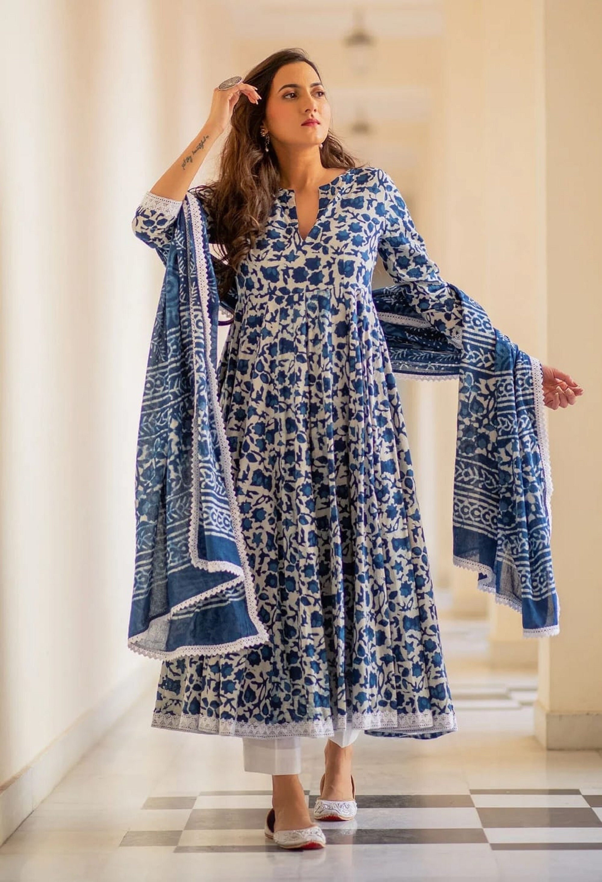 100% Cotton Ethnic Print Calf Length Anarkali Kurta