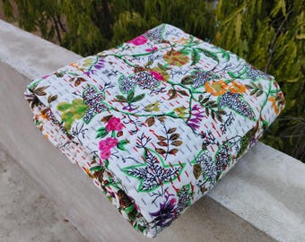 Indian Floral  Paradise Printed Cotton Kantha Quilt Handmade Throw Blanket Bedspread Cotton BOHEMIAN boho quilt Cotton Bedspread Blanket