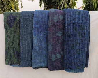 Natural Hand Indigo Dyed Cotton Kantha Quilt vintage Throw : Indian Handmade Bedspread