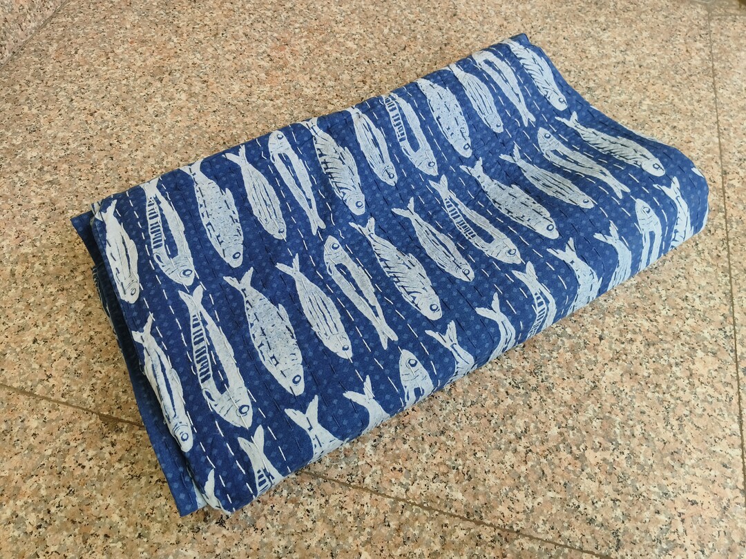 Handmade Indigo Fish Block Print Kantha Quilt - Bohemian Cotton ...