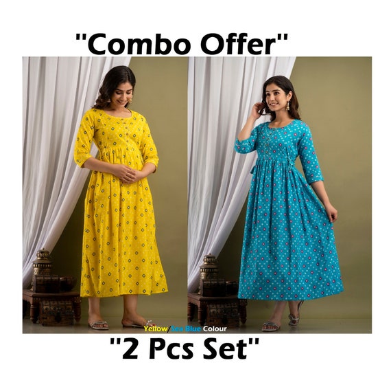 Buy HENAL Women's Cotton Maternity Dress Pregnancy Casual Long Sleeve Dual  Zipped for Feeding Nursing Maternity Dress Teal Gold Dot Kurti at Amazon.in