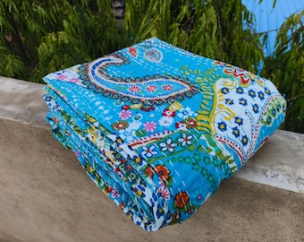 Turquoise Bohemian Paisley Print Cotton Kantha Quilt Handmade Vintage Quilts Boho Queen Size Bedding Throw Blanket Bedspread Quilted Hippie,