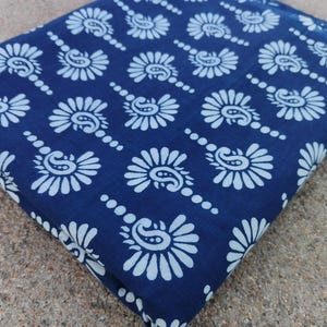 Indigo Flower Block Print Cotton Fabric: Soft Indian Textile by the Yard