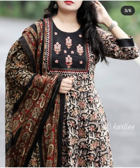 Rayon Anarkali Kurti Long Dupatta Black White Kurta Flared Gown Bollywood  Suits | eBay