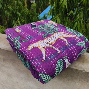 Jungle Print Kantha Quilt: Bohemian Handmade Cotton Throw Blanket purple colour kantha indian