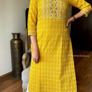 Cotton Kantha Embroidery Work Kurti With Pant Set, Yellow Color Boho ...